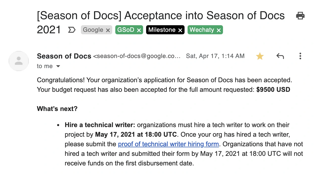 Wechaty Google Season of Docs 2021 Acceptance Email