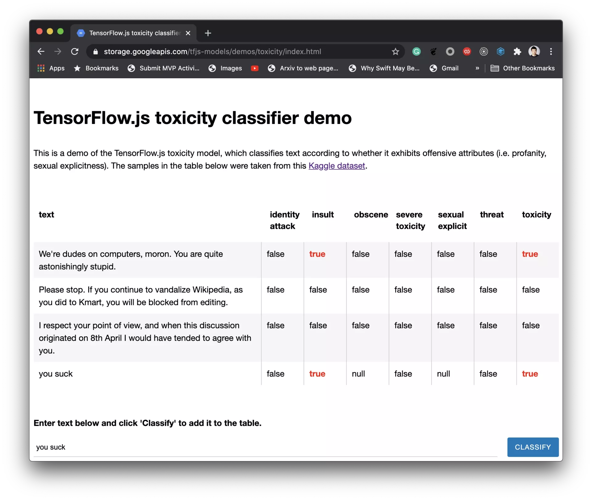 TensorFlow.js Toxicity Model