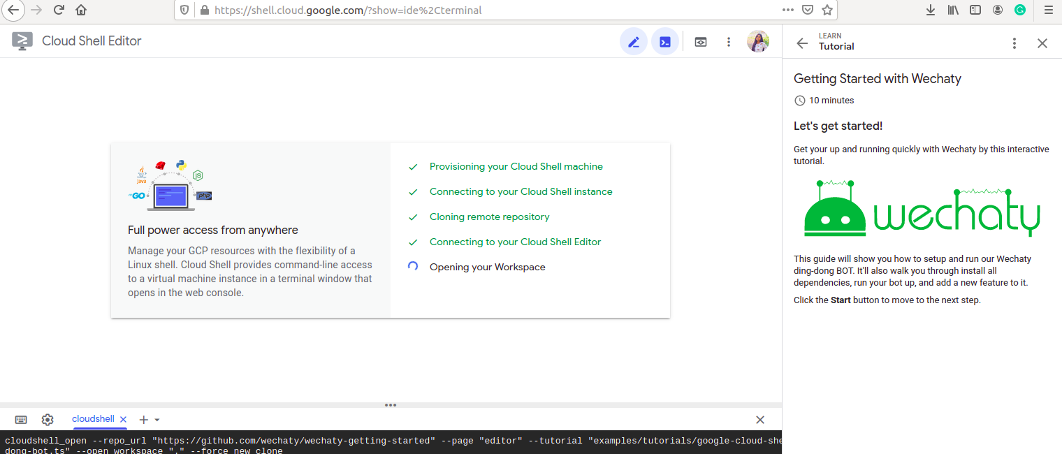 Google Cloud Shell Editor - Wechaty Tutorial - Start